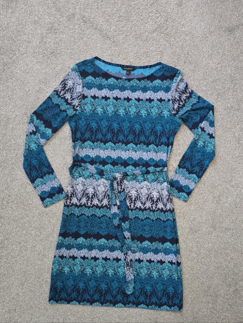 Banana Republic Teal and Navy Patterned Long-Sleeve Knit Dress